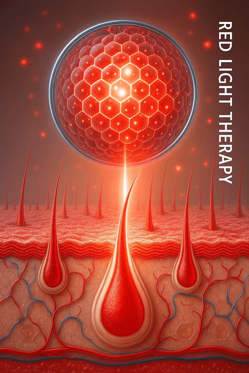 Scientific illustration of red light therapy targeting hair follicles and energizing skin cells at a microscopic level