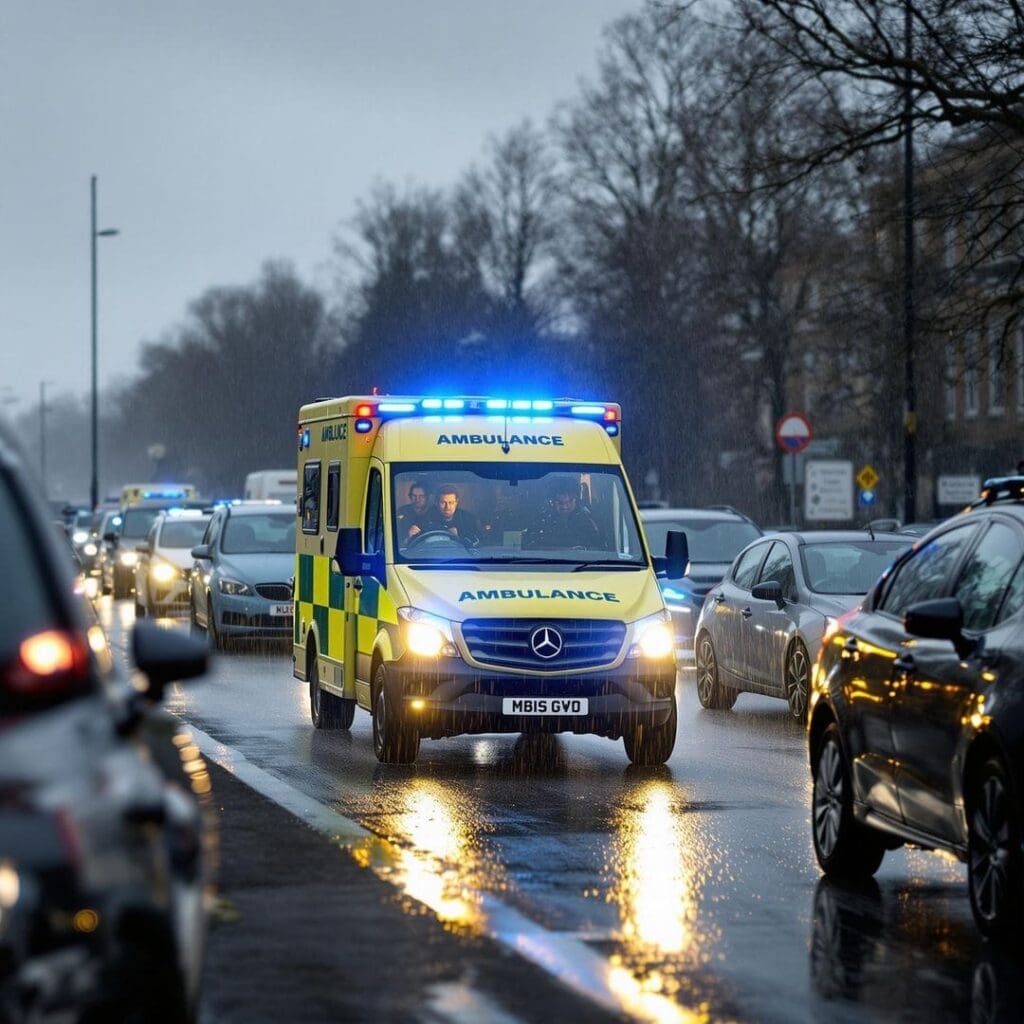 An ambulance rushes through rush hour traffic, blue lights flashing, on a grim February morning in the UK.