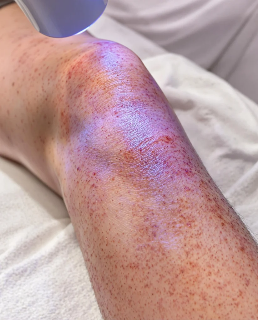 A close up of blue laser light therapy shining on the shin area suffering with psoriasis