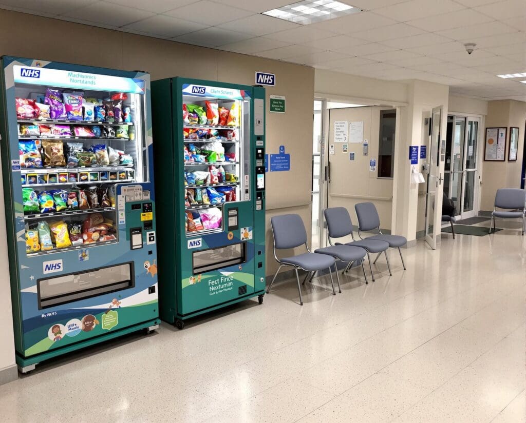 Typical NHS corridor complete with vending machines filled with the seeds of metabolic disease (Ai generated).