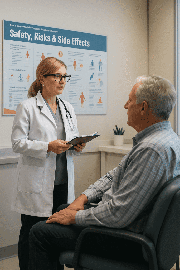 A female doctor talks to an older male patient in an exam room, with a poster titled 'Safety, Risks & Side Effects' in the background.