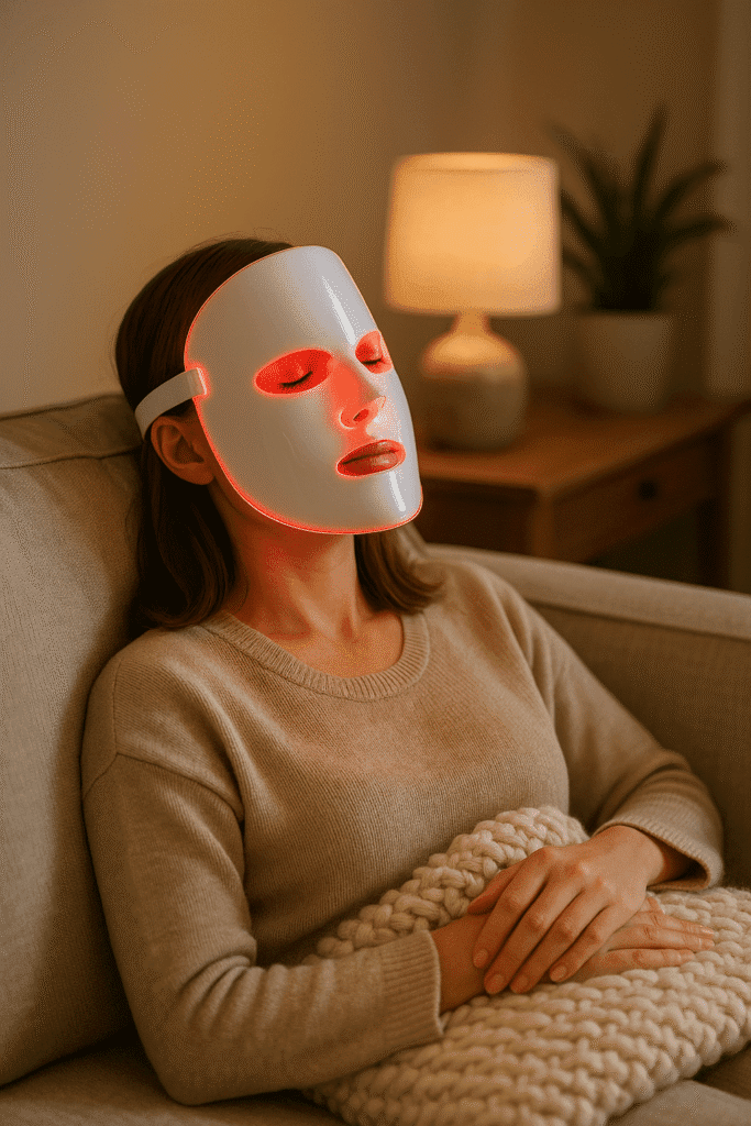 Young Woman using Red Light Therapy Mask