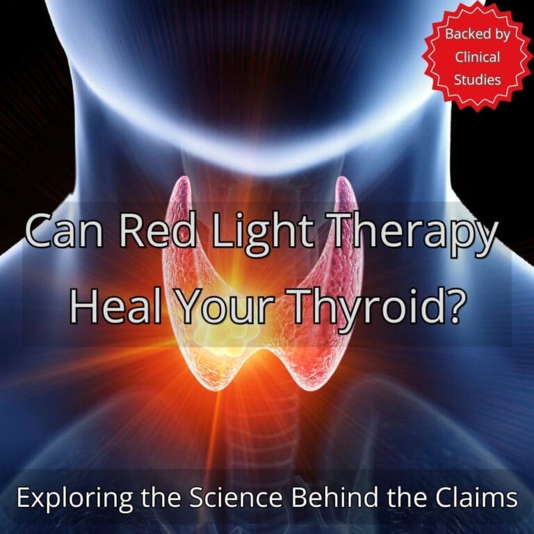 Illustration of the thyroid gland glowing with red light, symbolizing the healing effects of red light therapy on thyroid function