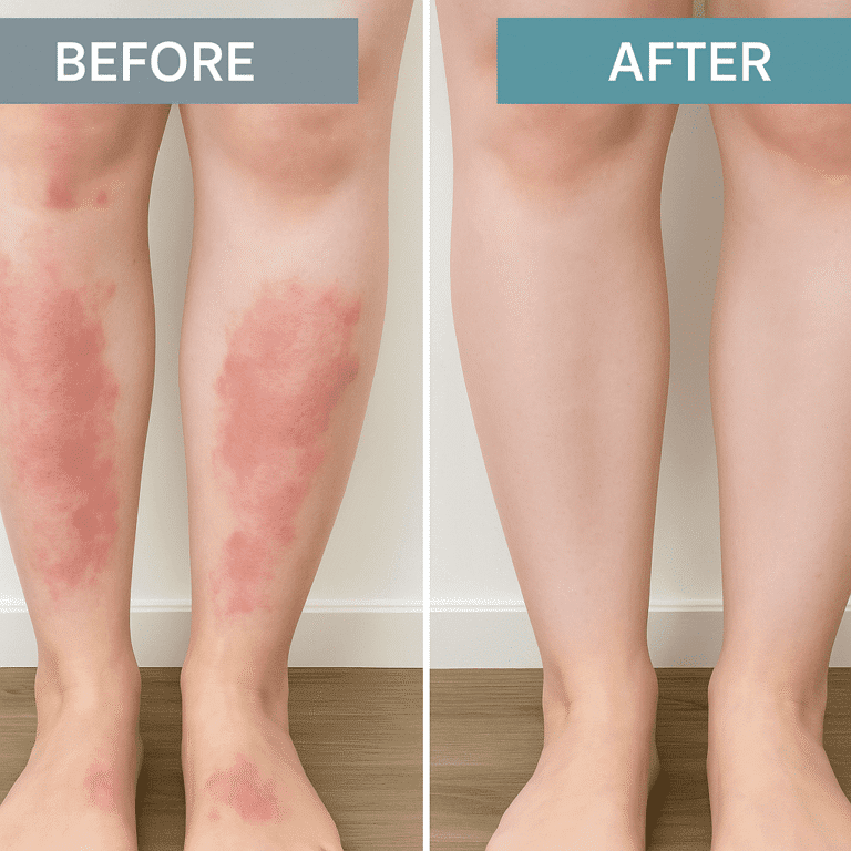 Before and after image showing visible improvement in eczema on the lower legs after treatment.