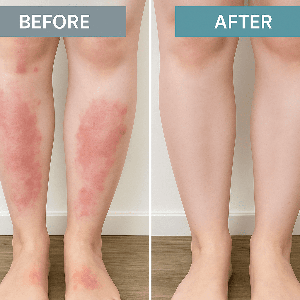 Before and after image showing visible improvement in eczema on the lower legs after treatment.