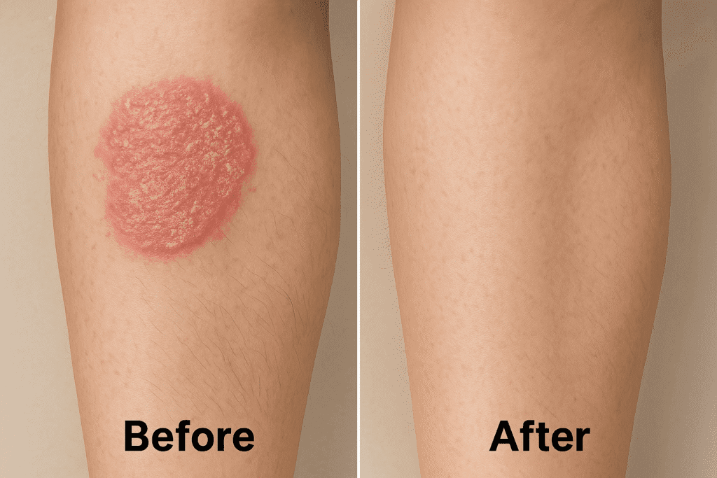 Red Light Therapy Effect On Psoriasis - Illustration generated with AI for educational purposes. Not a real patient photo.