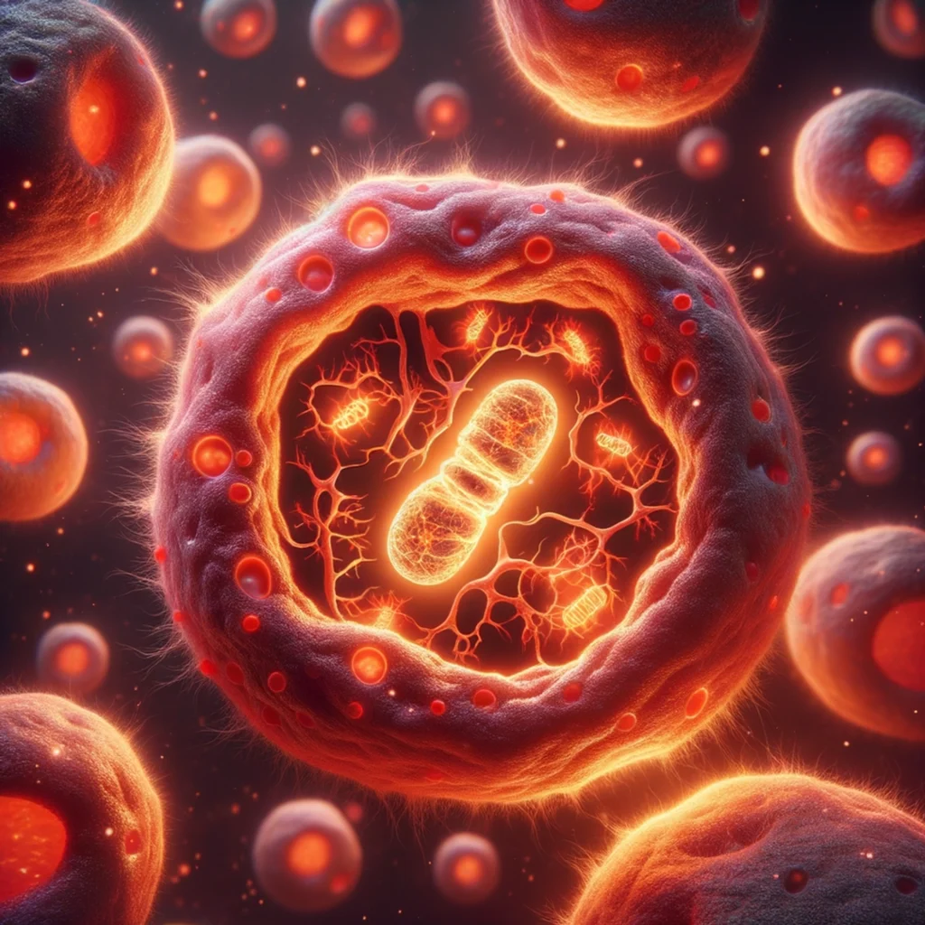 An Ai representation of mitochondria glowing inside a cell, showing mitochondrial health