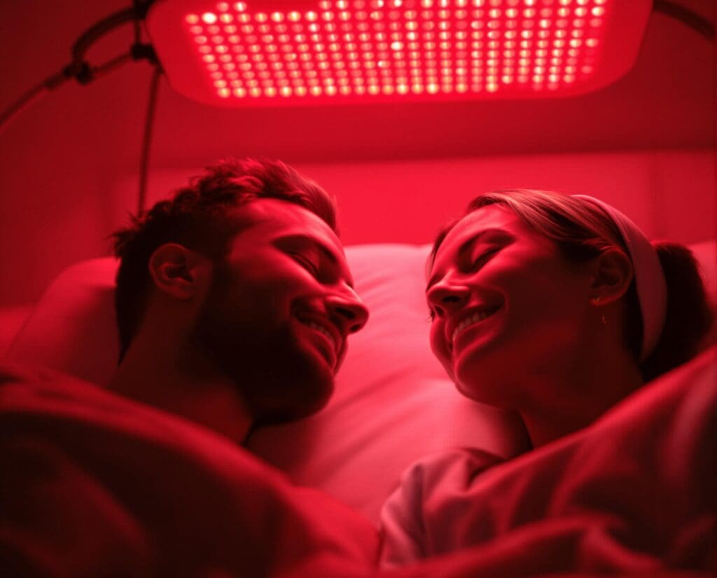 Smiling couple lying under a red light therapy panel, enjoying a calming wellness session.