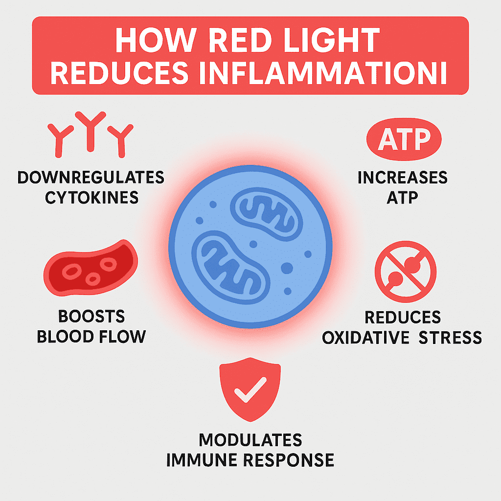 How Red Light Reduces Inflammation
Include 5 labeled sections with simple icons:
Downregulates Cytokines
Boosts Blood Flow
Increases ATP
Reduces Oxidative Stress
Modulates Immune Response