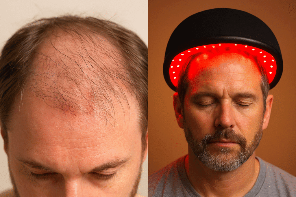 Split image showing a man with a red-tinted scalp and another man wearing a red light therapy cap, representing mild effects of red light therapy