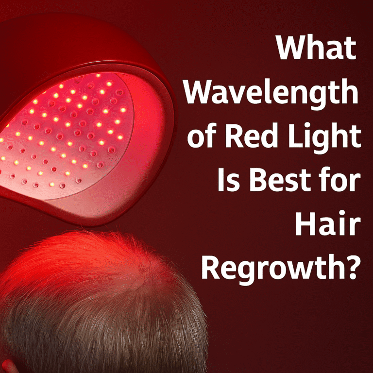 Red light therapy helmet glowing on a person's scalp, illustrating optimal wavelengths for hair regrowth