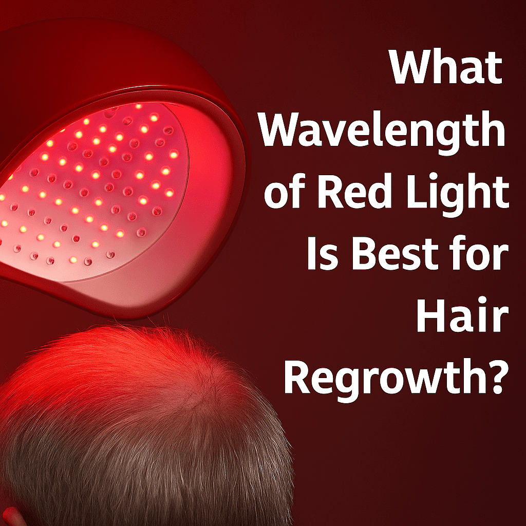 Red light therapy helmet glowing on a person's scalp, illustrating optimal wavelengths for hair regrowth