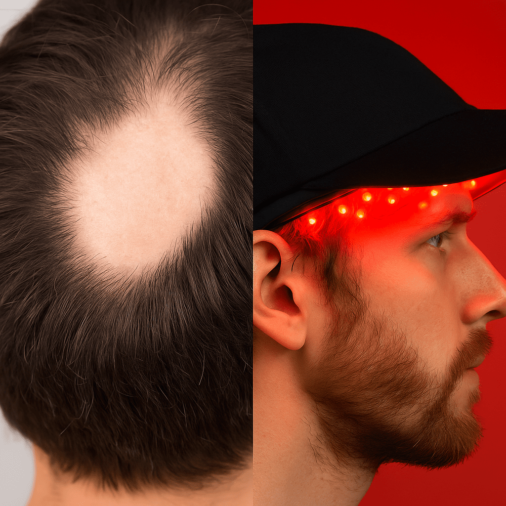 Side-by-side image showing a scalp with alopecia areata and a man wearing a glowing red light therapy cap