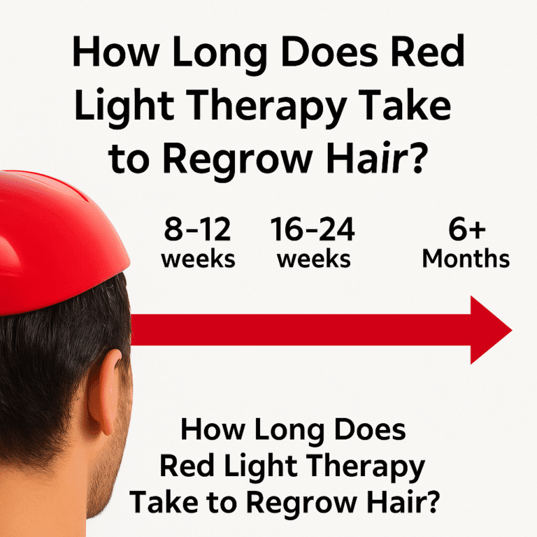 Timeline graphic showing stages of hair regrowth from red light therapy over 8–12 weeks, 16–24 weeks, and 6+ months with red LED cap in use