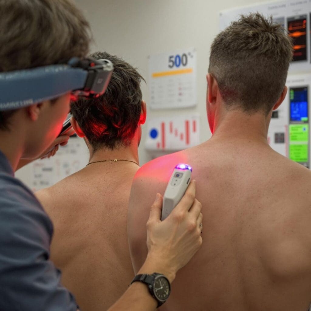 Medical researcher shining a red light device on a participant’s upper back in a clinical setting.