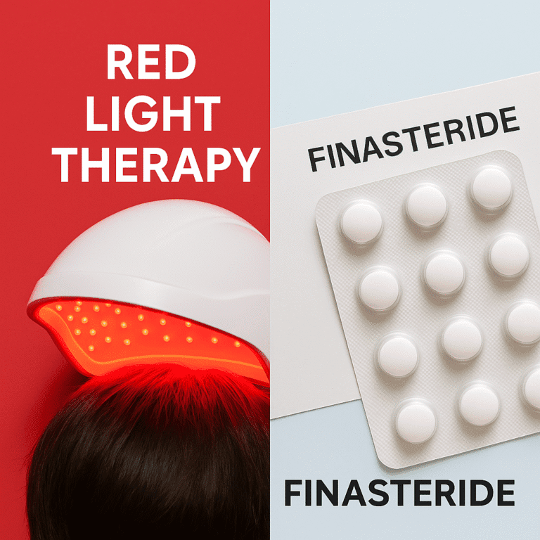 Split image comparing red light therapy helmet on scalp with blister pack of finasteride tablets, illustrating treatment safety differences