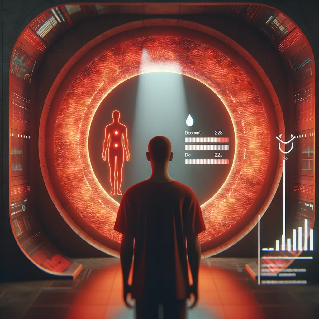 A person standing near a red light therapy panel glowing in a dark room, back turned to camera, with a futuristic health-monitor overlay showing blood glucose levels dropping