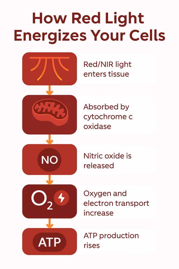 Infographic showing how red and near-infrared light stimulate mitochondrial activity to boost ATP production and enhance cellular healing.