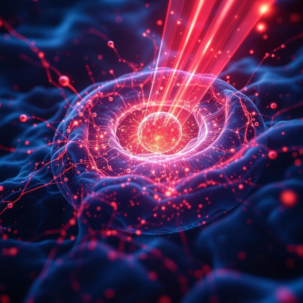 3D medical-style illustration of mitochondria inside a human cell being activated by red light wavelengths, with glowing energy effects and glucose molecules being drawn in