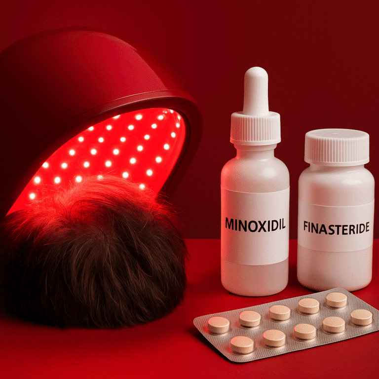 Red light therapy helmet glowing on scalp next to bottles of Minoxidil and Finasteride with blister pack of pills.